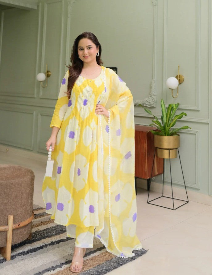 Yellow Floral Cotton Kurta Pant & Dupatta Set