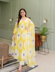 Yellow Floral Cotton Kurta Pant & Dupatta Set