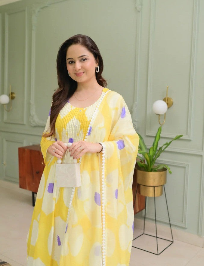 Yellow Floral Cotton Kurta Pant & Dupatta Set