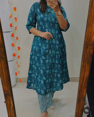Blue Floral Cotton Kurta Pant Set