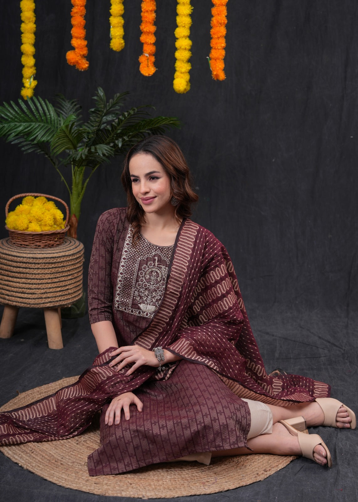 Brown Khadi Cotton Kantha Set