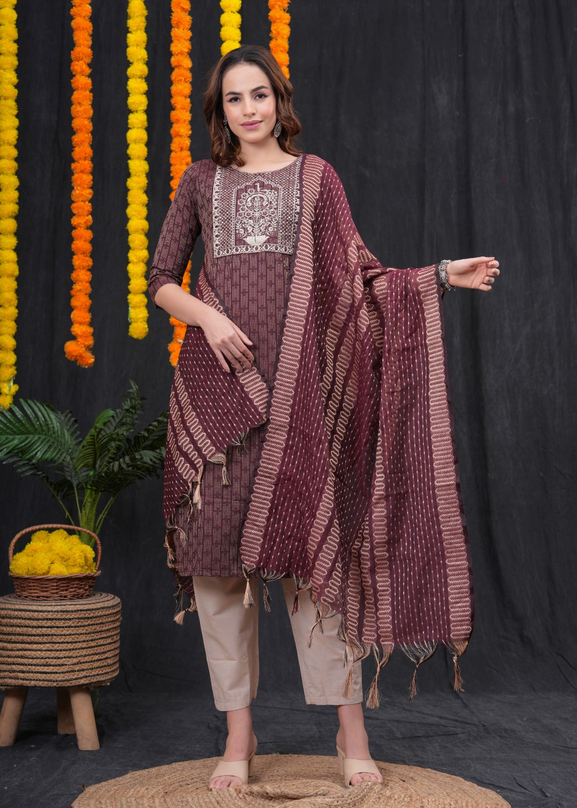 Brown Khadi Cotton Kantha Set