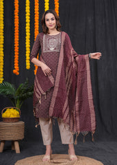 Brown Khadi Cotton Kantha Set