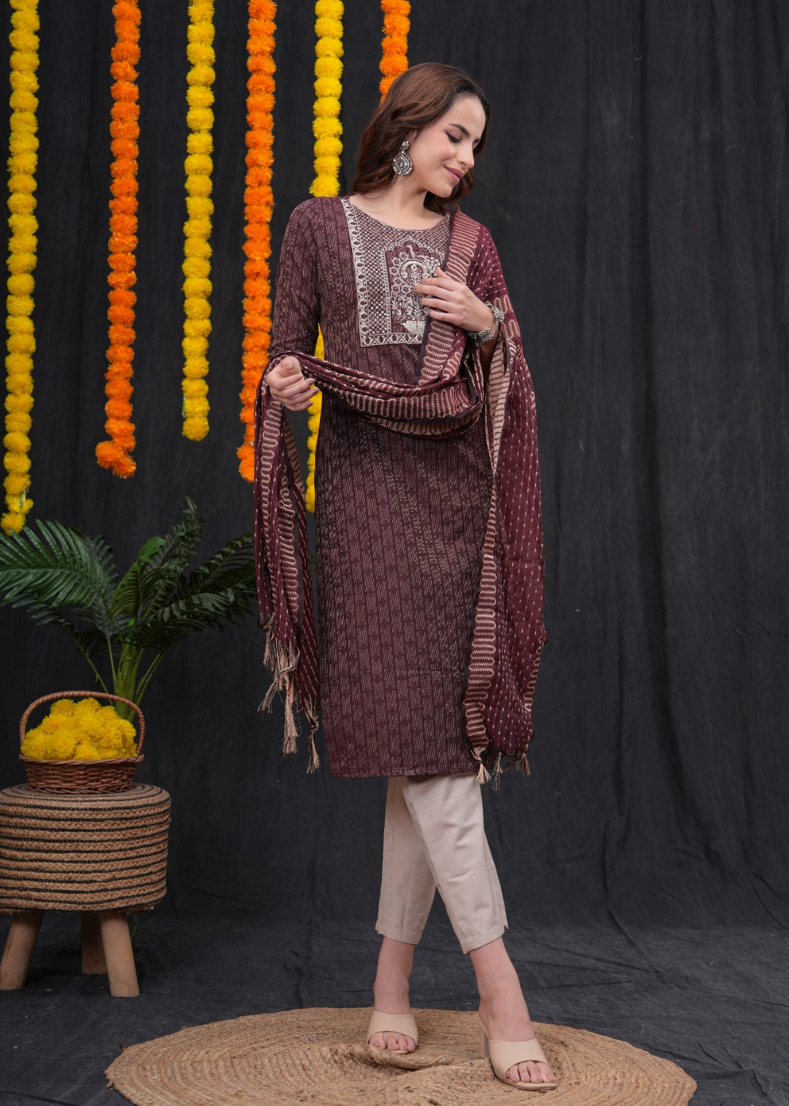 Brown Khadi Cotton Kantha Set