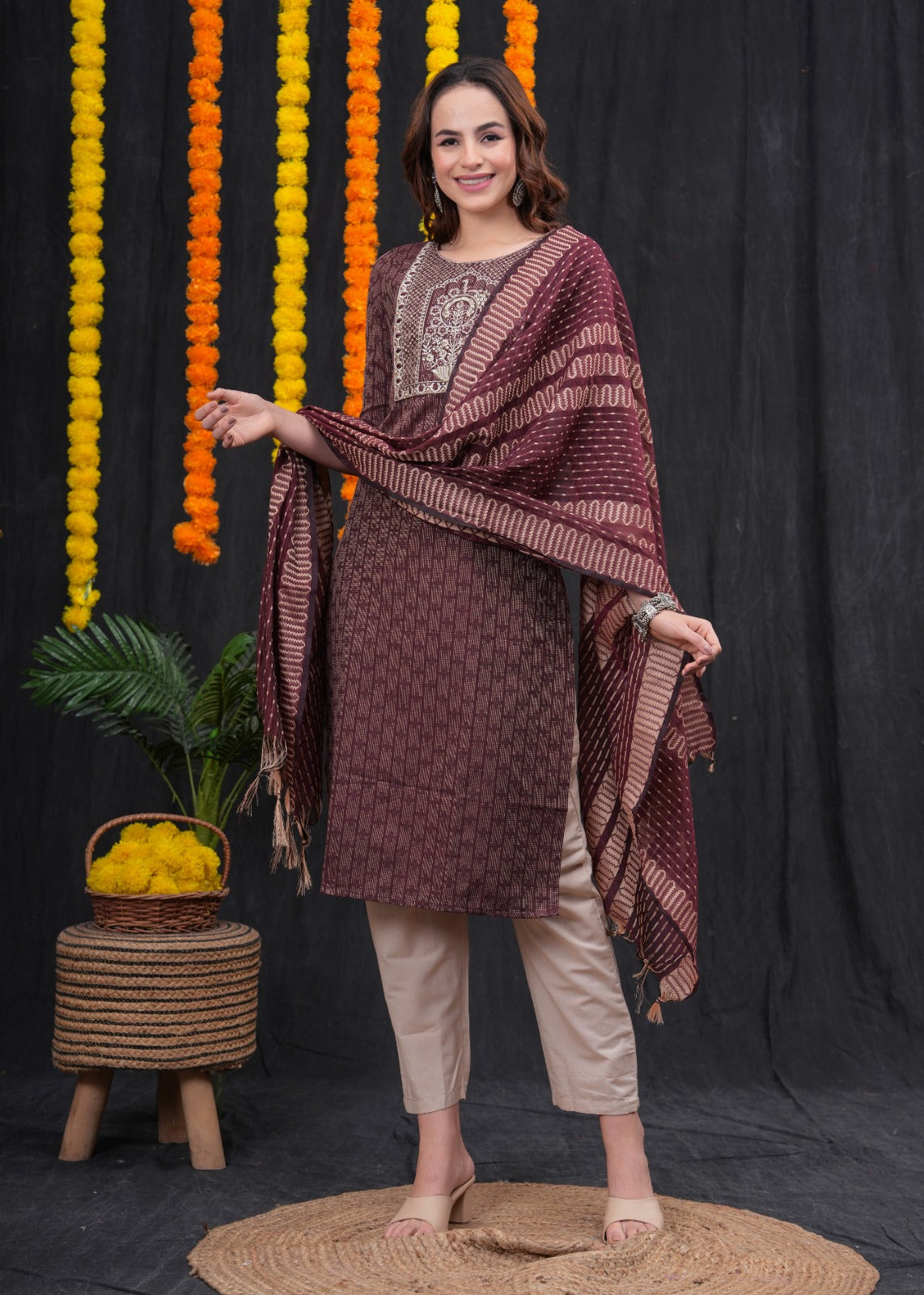 Brown Khadi Cotton Kantha Set