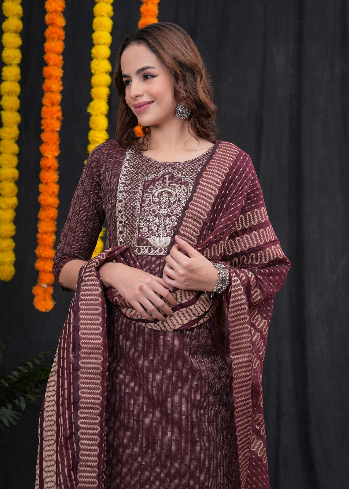 Brown Khadi Cotton Kantha Set
