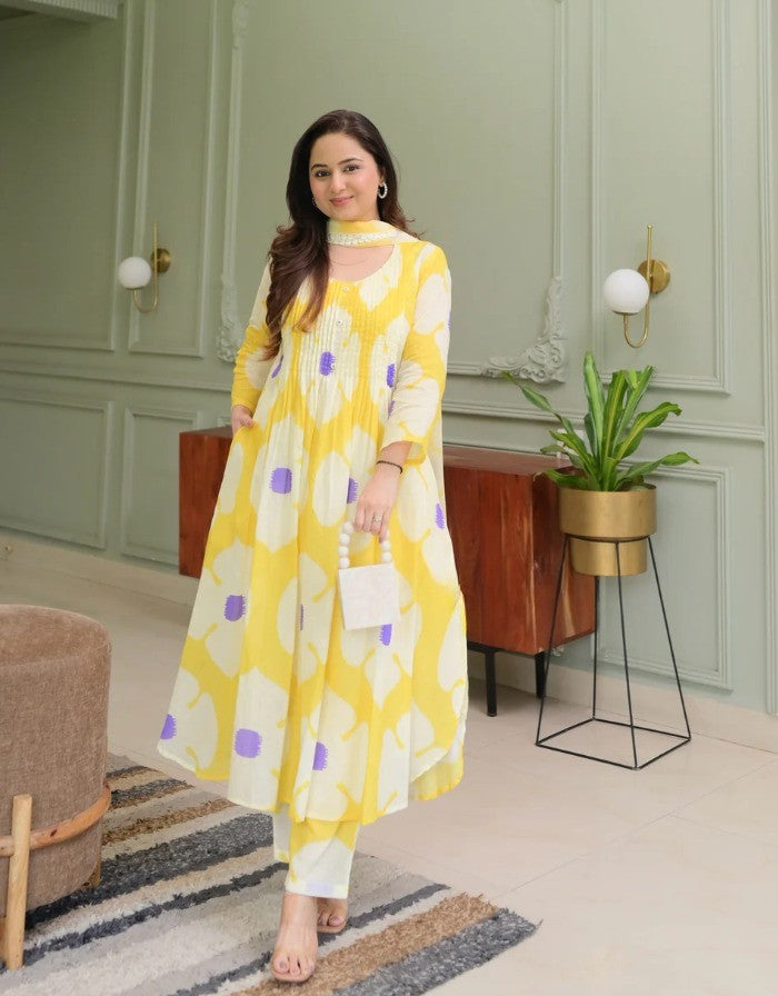 Yellow Floral Cotton Kurta Pant & Dupatta Set