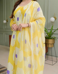 Yellow Floral Cotton Kurta Pant & Dupatta Set